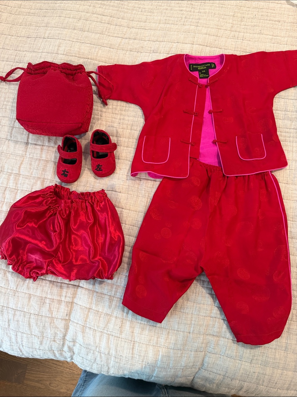 Shanghai Tang Kids Matching Red Traditional Set with Bag & Shoes